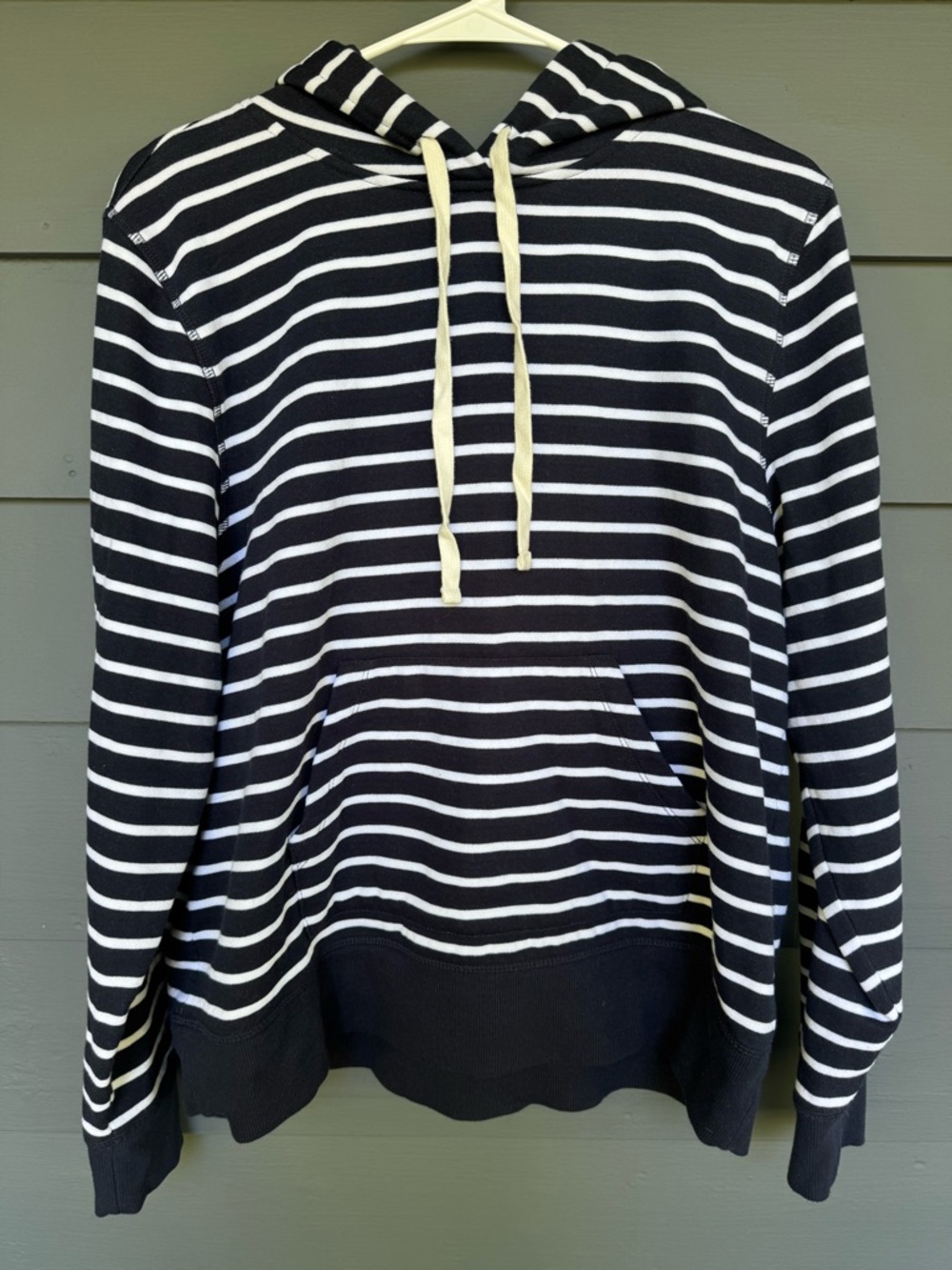 Striped Navy and White Nautical Hooded Pullover Hoodie Sweatshirt Large Coastal